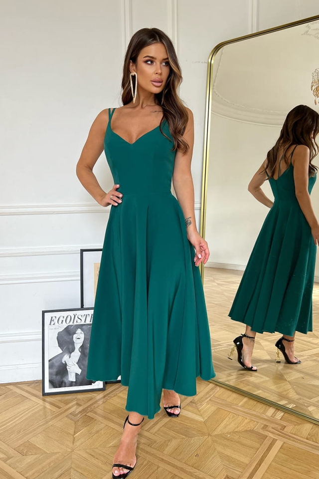 BICOTONE - SUKIENKA NA RAMIĄCZKACH MIDI BUTELKOWA ZIELEŃ