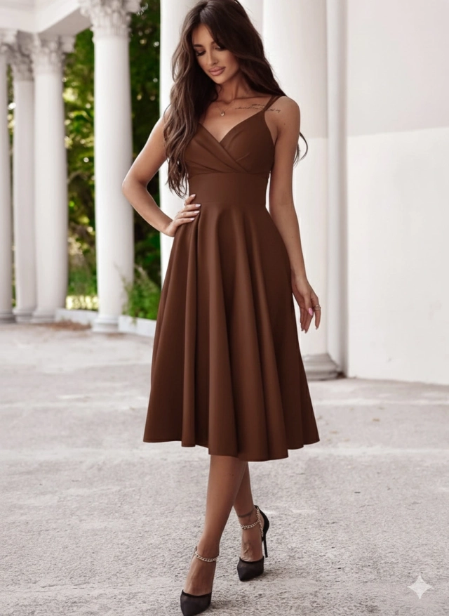 DUET - SUKIENKA TIFANI MIDI CZEKOLADOWA