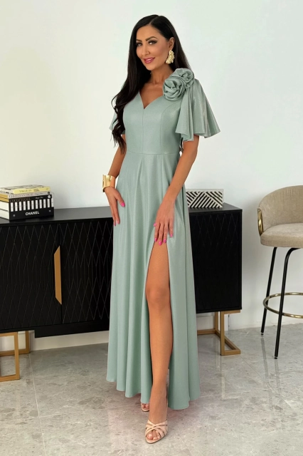 SUKIENKA LIWIA MAXI Z MOTYLKOWYM RĘKAWEM I RÓŻAMI SZAŁWIA BŁYSK