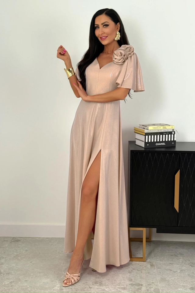 SUKIENKA LIWIA MAXI Z MOTYLKOWYM RĘKAWEM I RÓŻAMI BEŻOWA BŁYSK