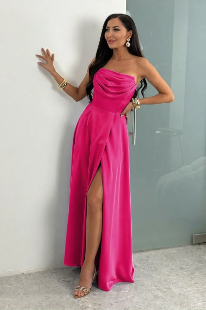 SUKIENKA ARIANA SATYNOWA MAXI GORSETOWA Z DEKOLTEM WODA FUKSJA
