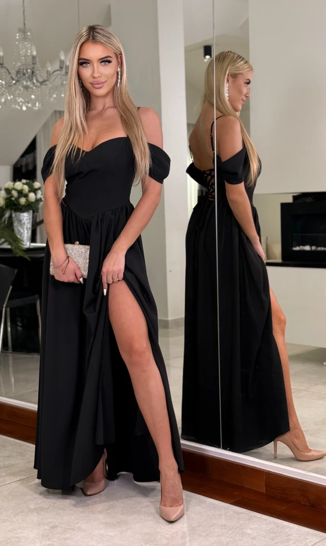 sukienka maxi z opadającymi ramiączkami i gorsetowym wiązaniem elda bianka czarna.webp